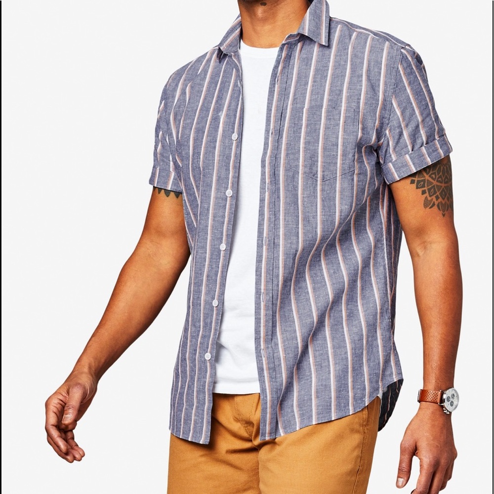 Men’s Zephyr Short Sleeve Blue Striped Linen Button Down Casual Dress Shirt XL